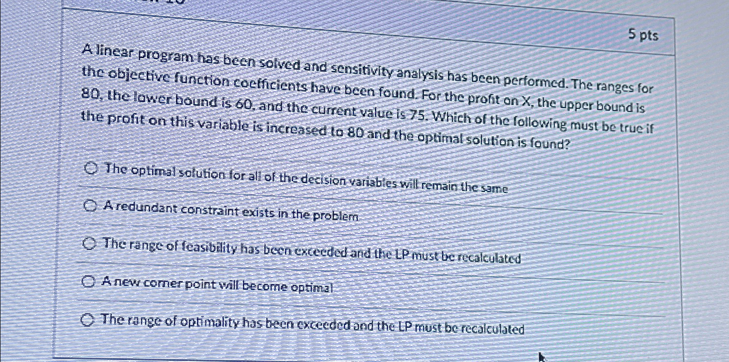  5 pts A linear program has been solved and sensitivity analysis