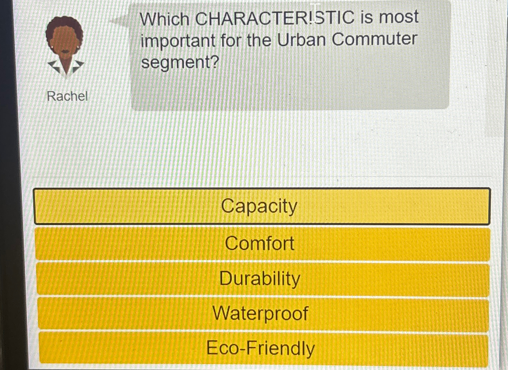  Which CHARACTERISTIC is most important for the Urban Commuter segment? Rachel