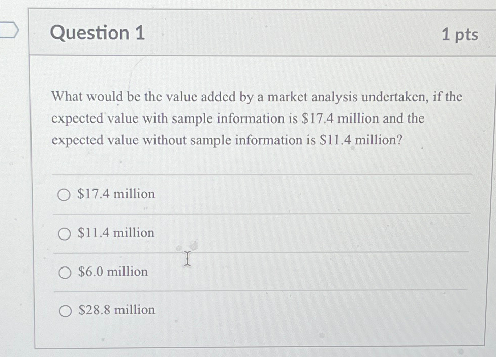  Question 1 1pts What would be the value added by a