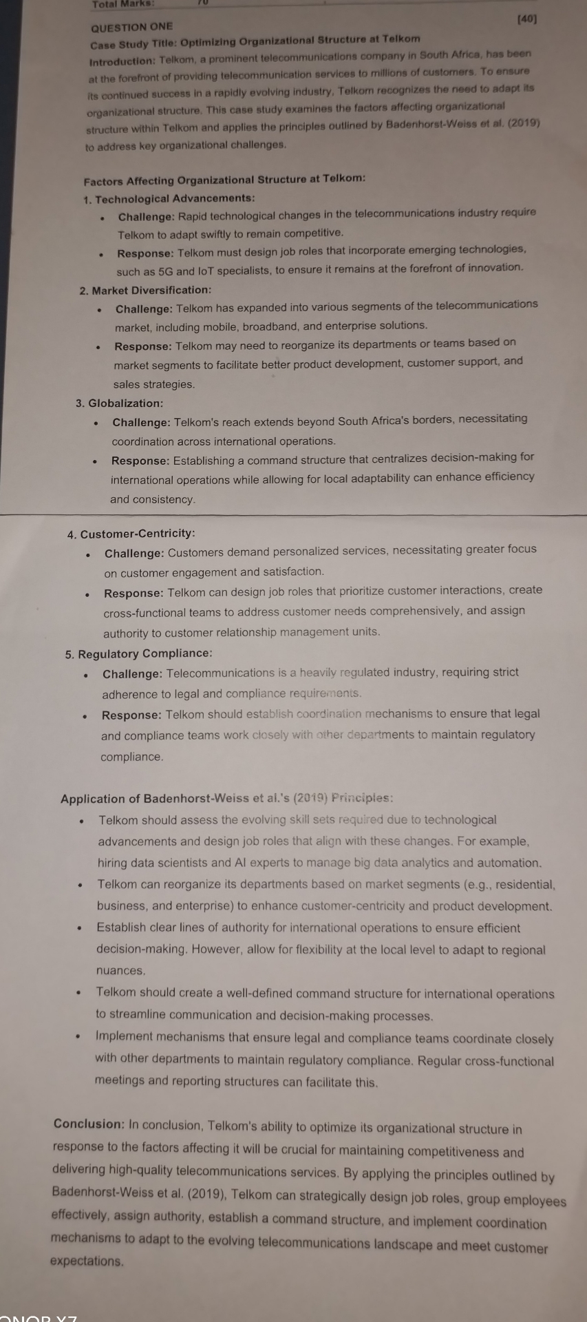  QUESTION ONE [40] Case Study Title: Optimizing Organizational Structure at Telkom