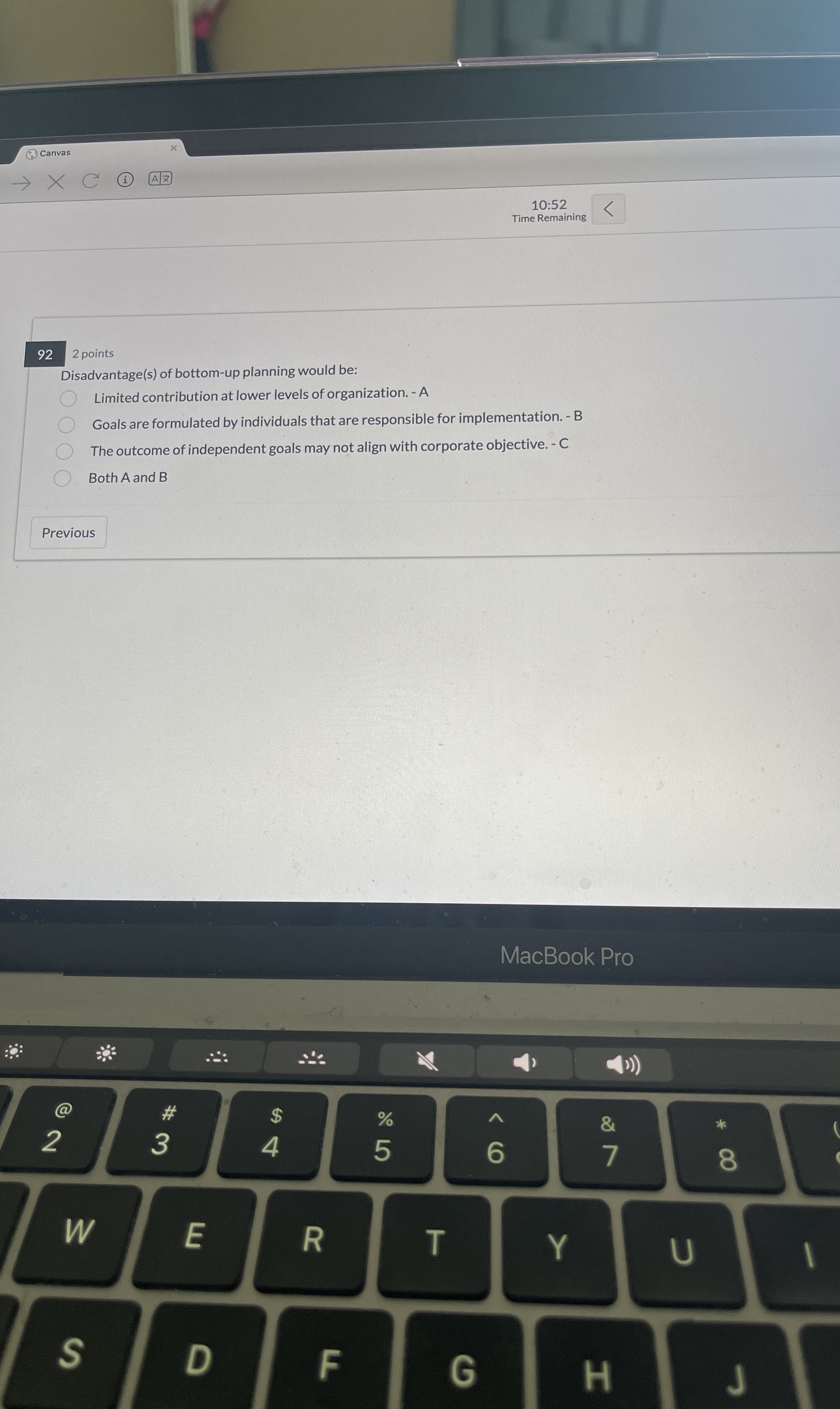  (5) Canvas 10:52 Time Remaining 2 points Disadvantage(s) of bottom-up planning