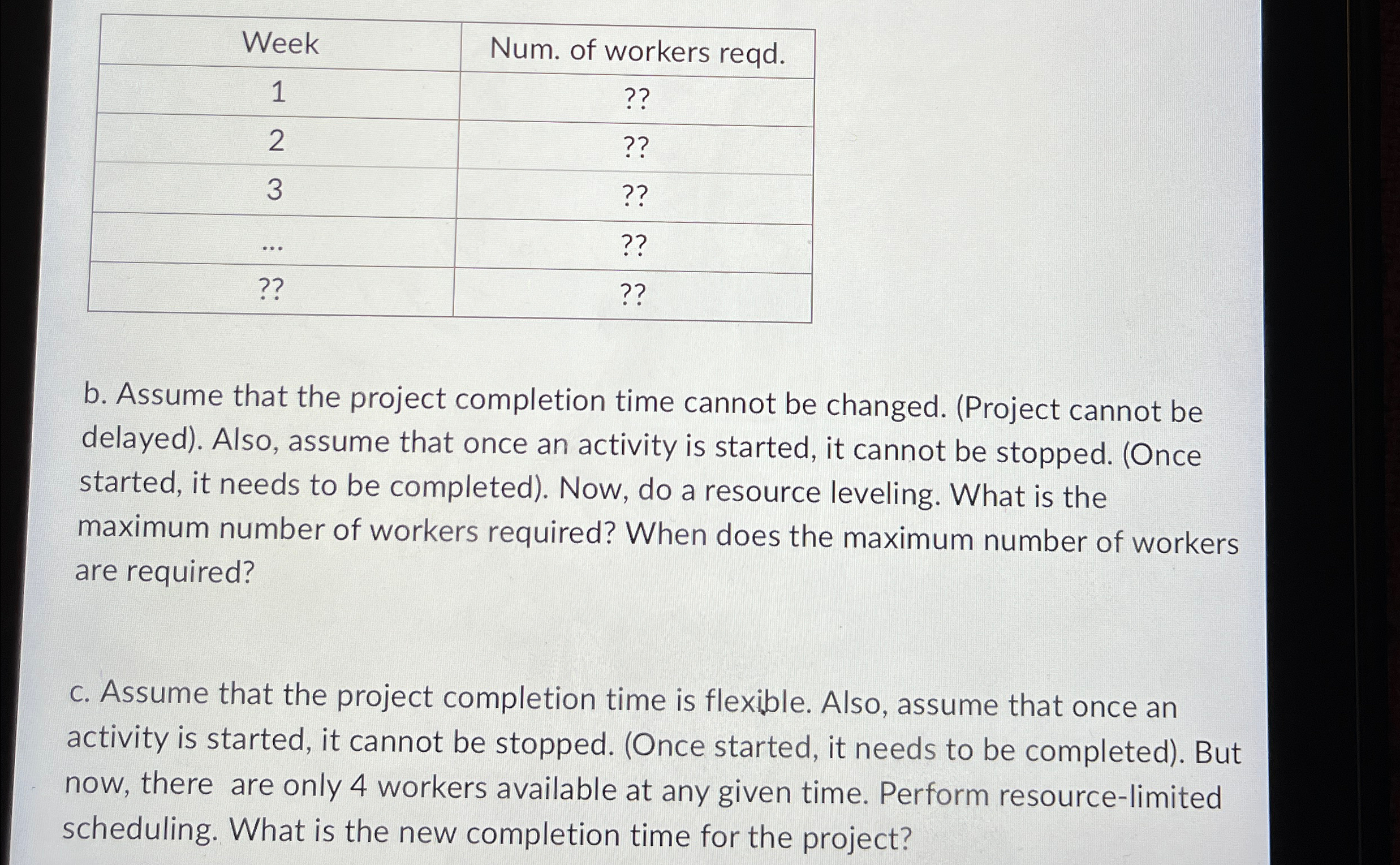  \table[[Week,Num. of workers reqd.],[1,?? 