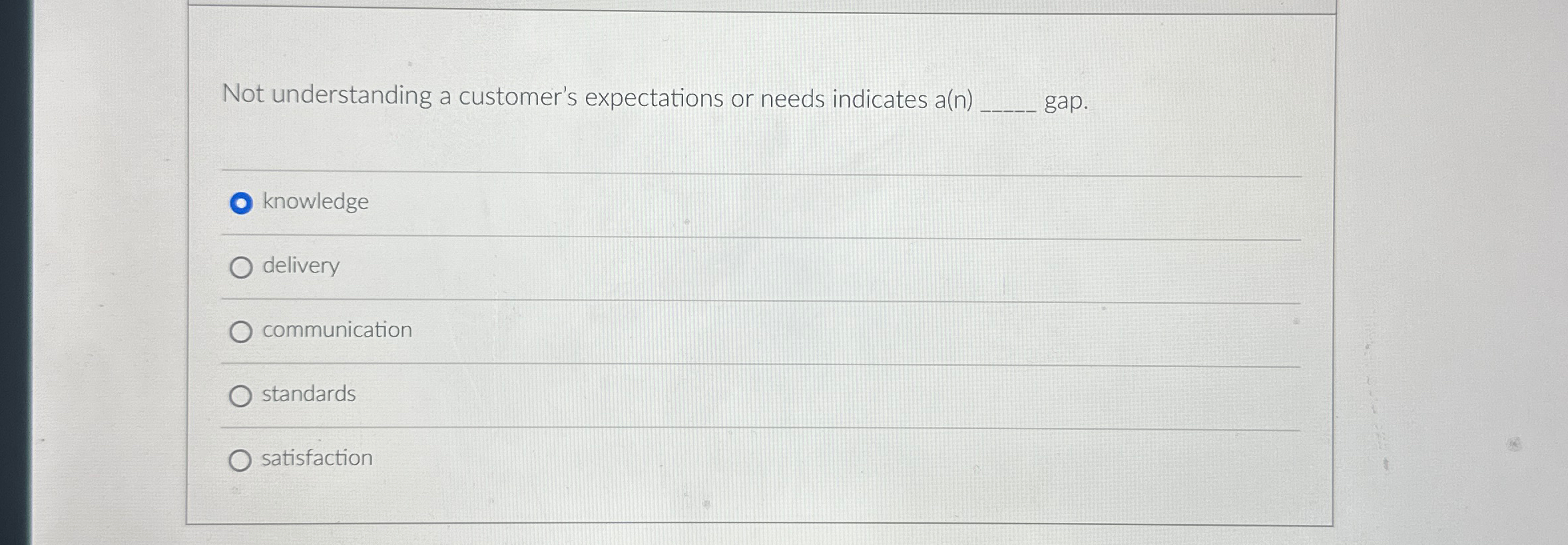  Not understanding a customer's expectations or needs indicates a(n) gap. knowledge