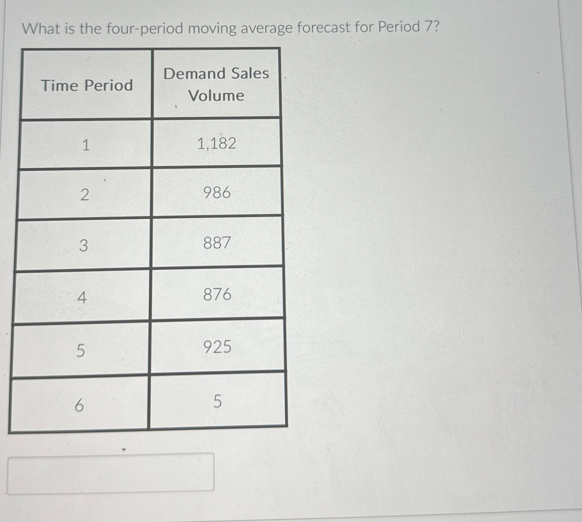  What is the four-period moving average forecast for Period 7? \table[[Time