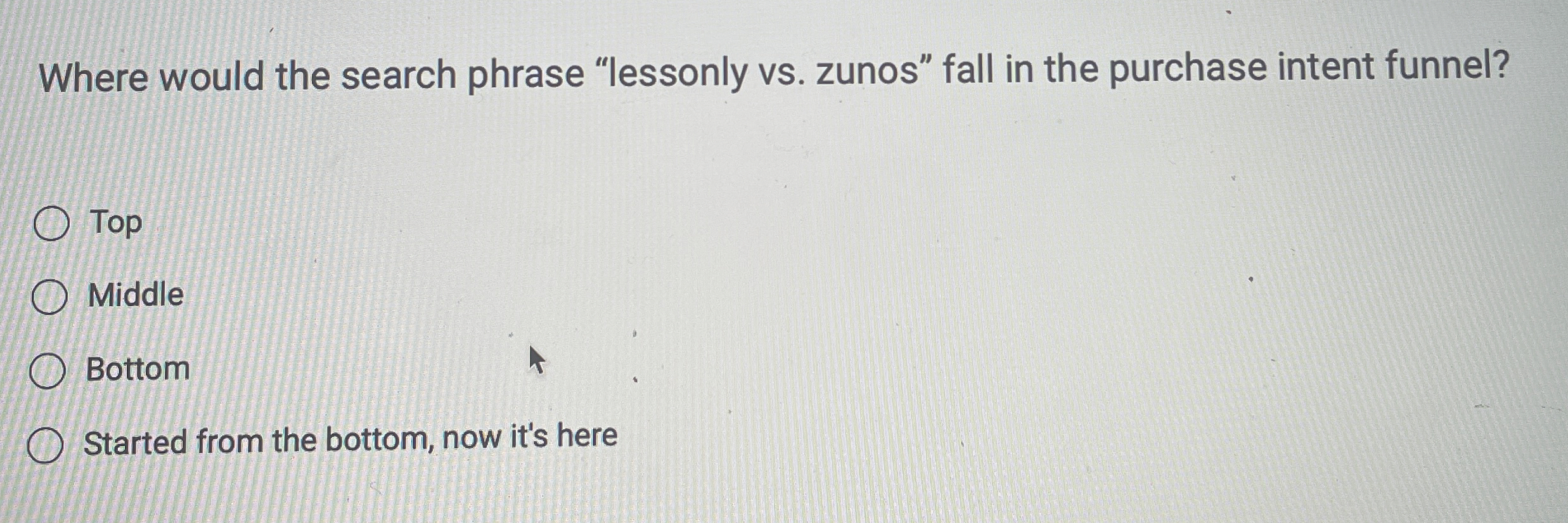  Where would the search phrase "lessonly vs. zunos" fall in the