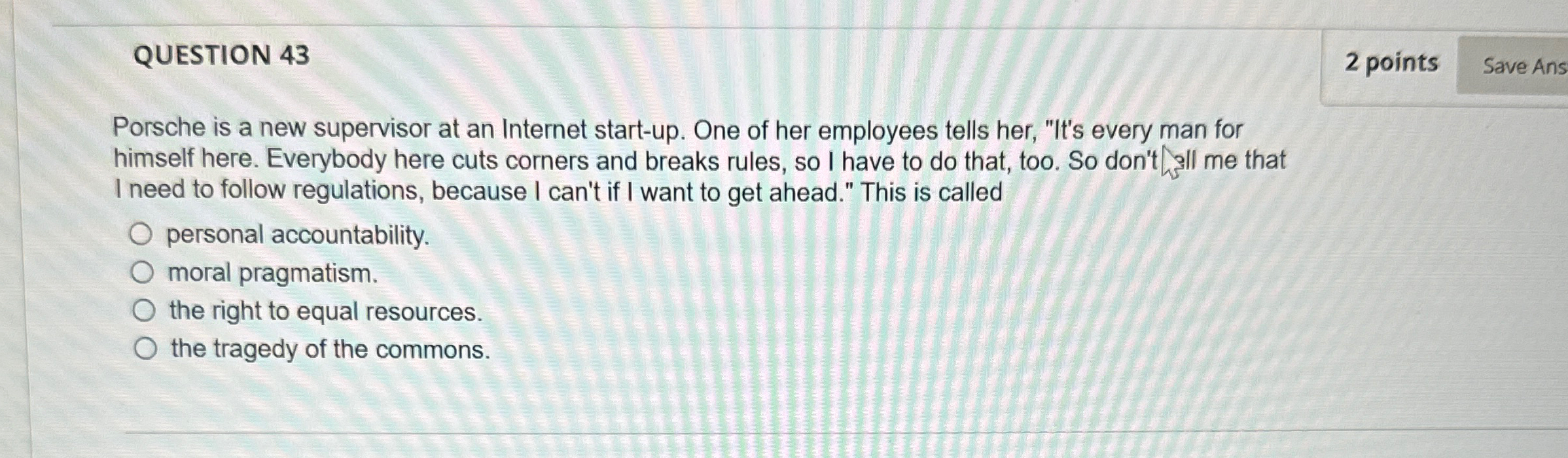  QUESTION 43 2 points Porsche is a new supervisor at an