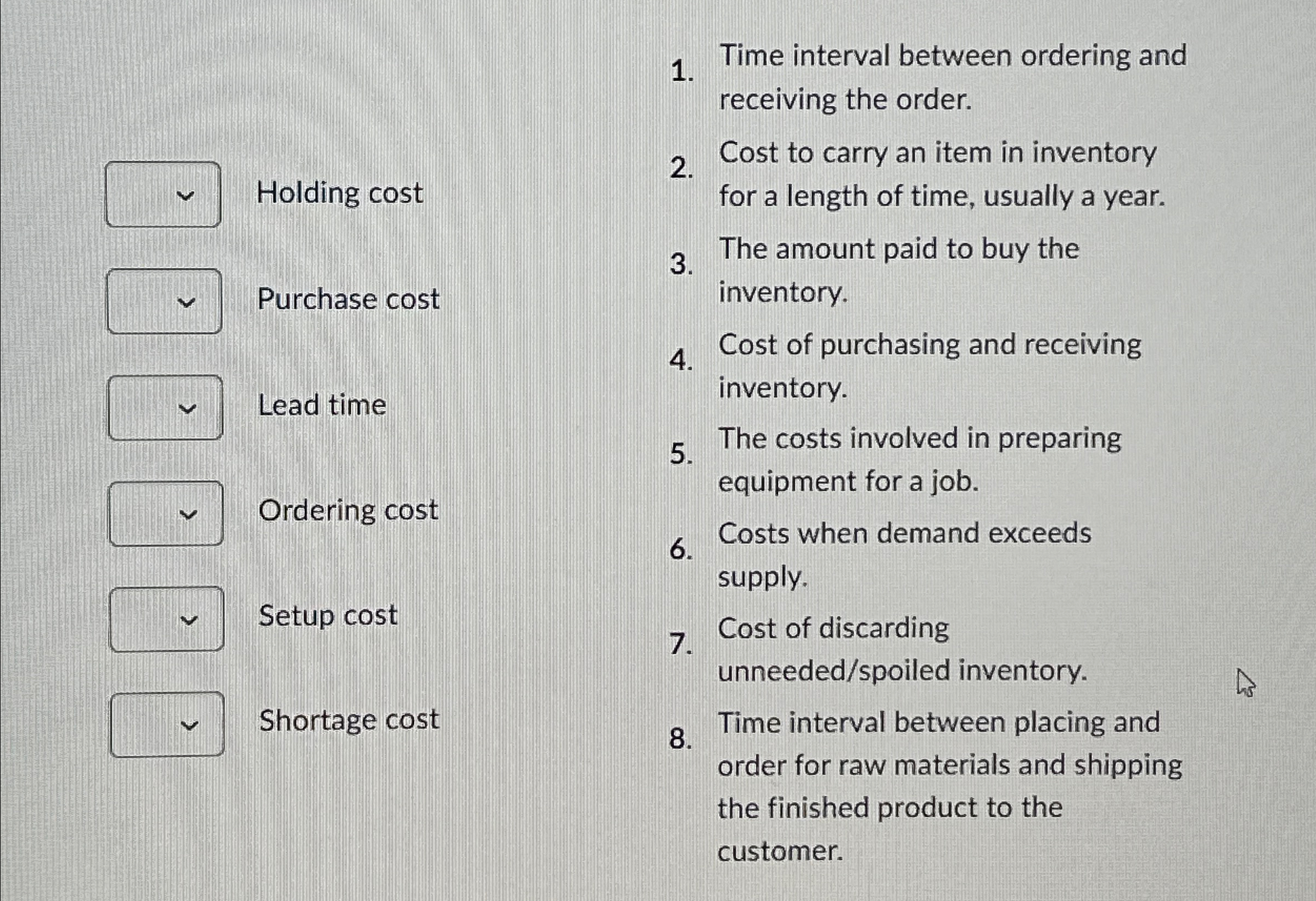  Time interval between ordering and receiving the order. Holding cost Purchase