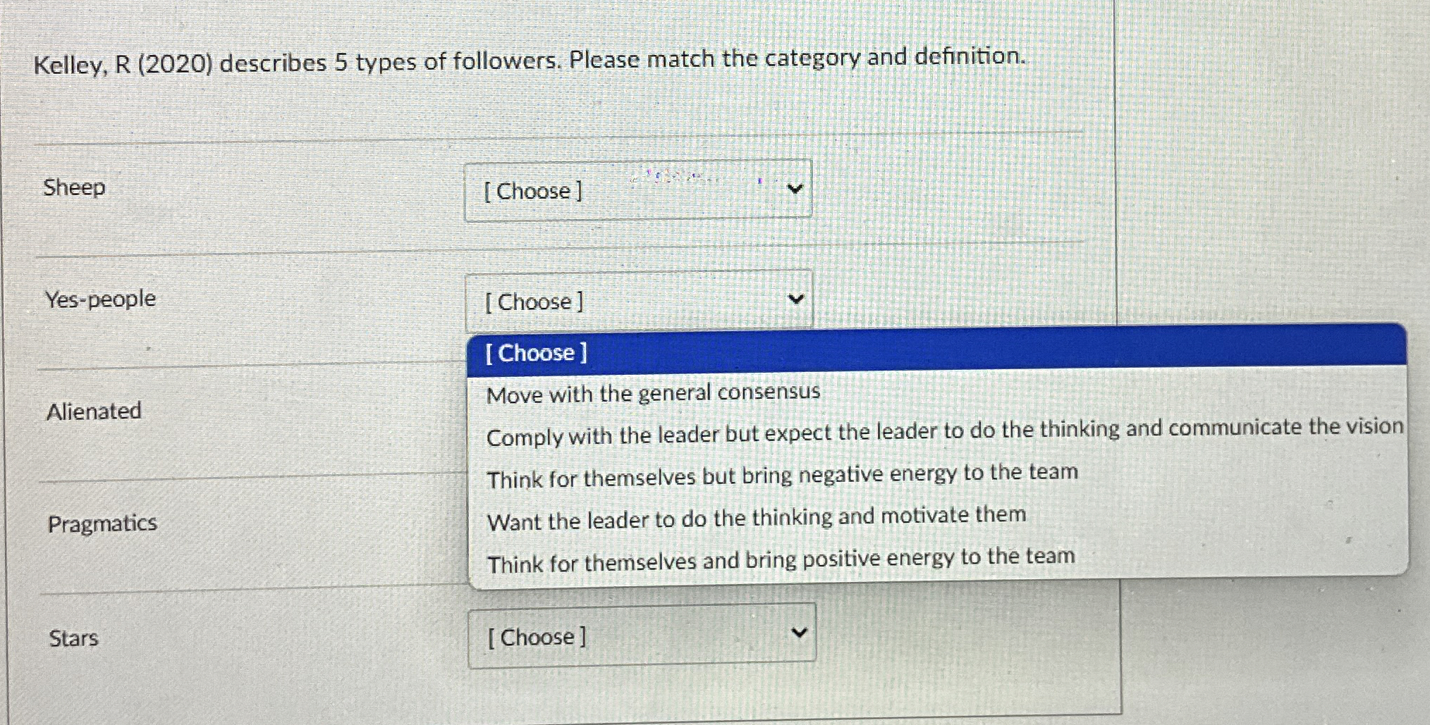  Kelley, R (2020) describes 5 types of followers. Please match the