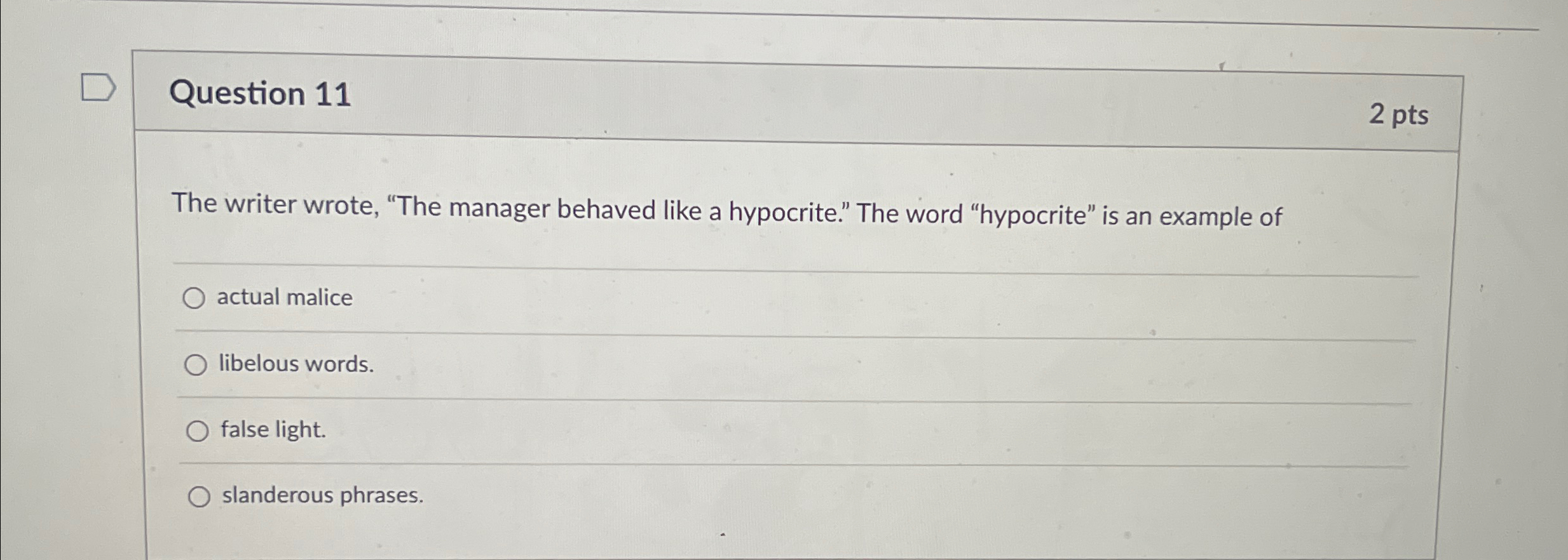  Question 11 2 pts The writer wrote, "The manager behaved like