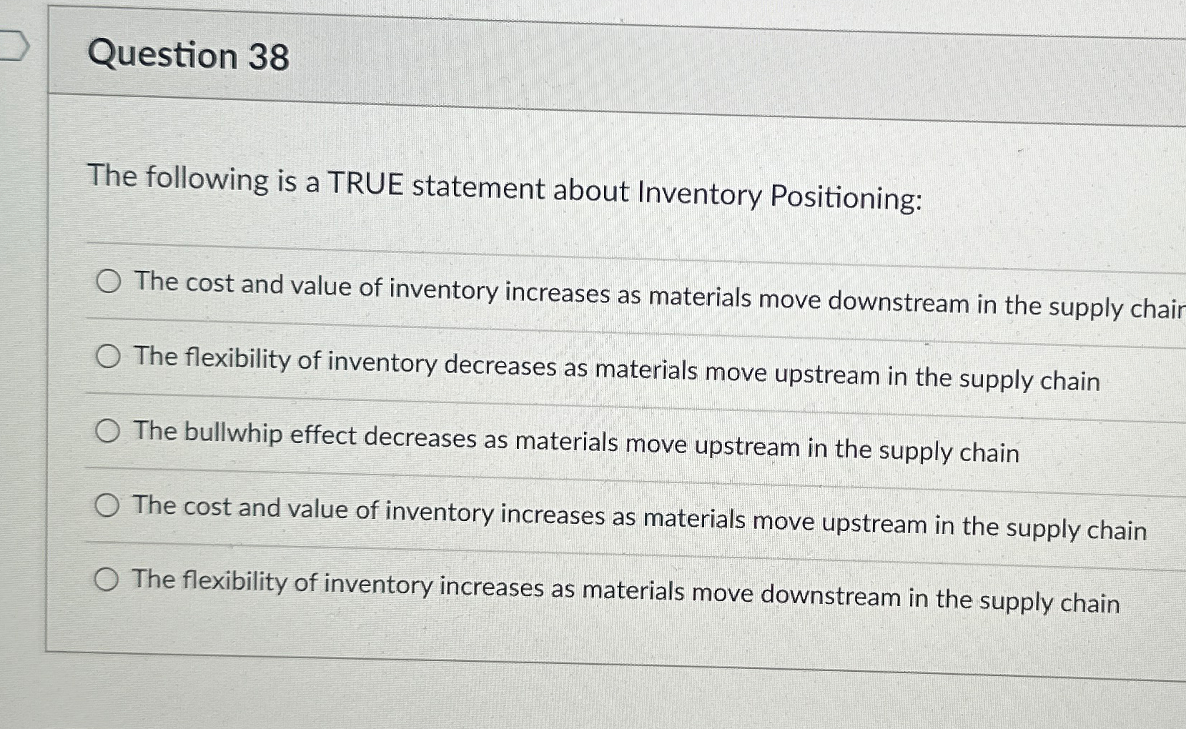  Question 38 The following is a TRUE statement about Inventory Positioning: