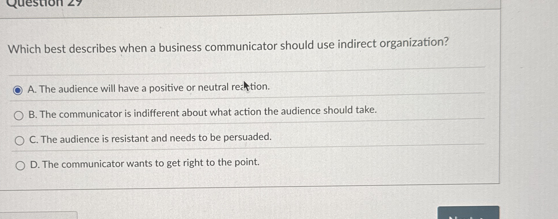  Which best describes when a business communicator should use indirect organization?