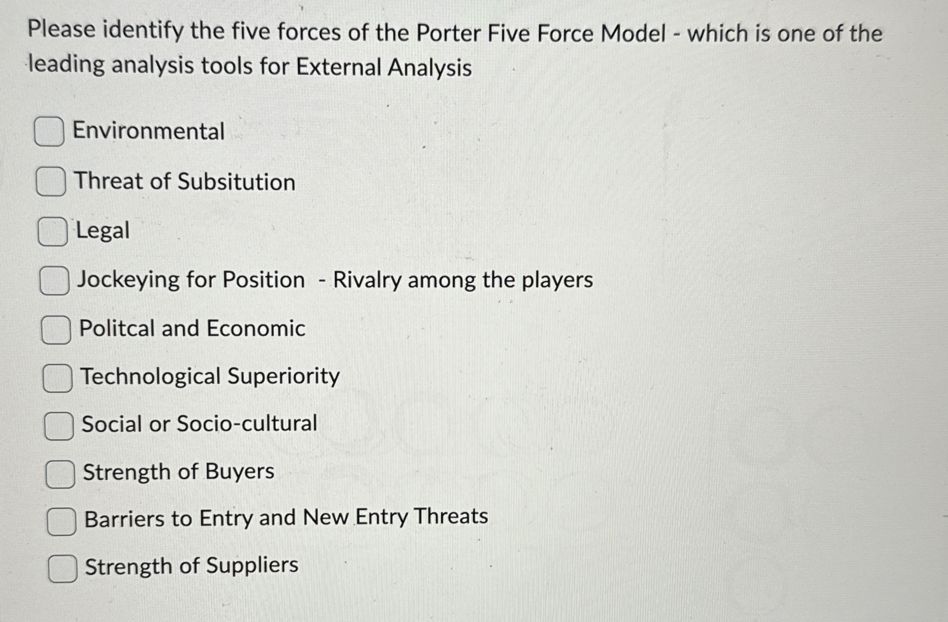  Please identify the five forces of the Porter Five Force Model