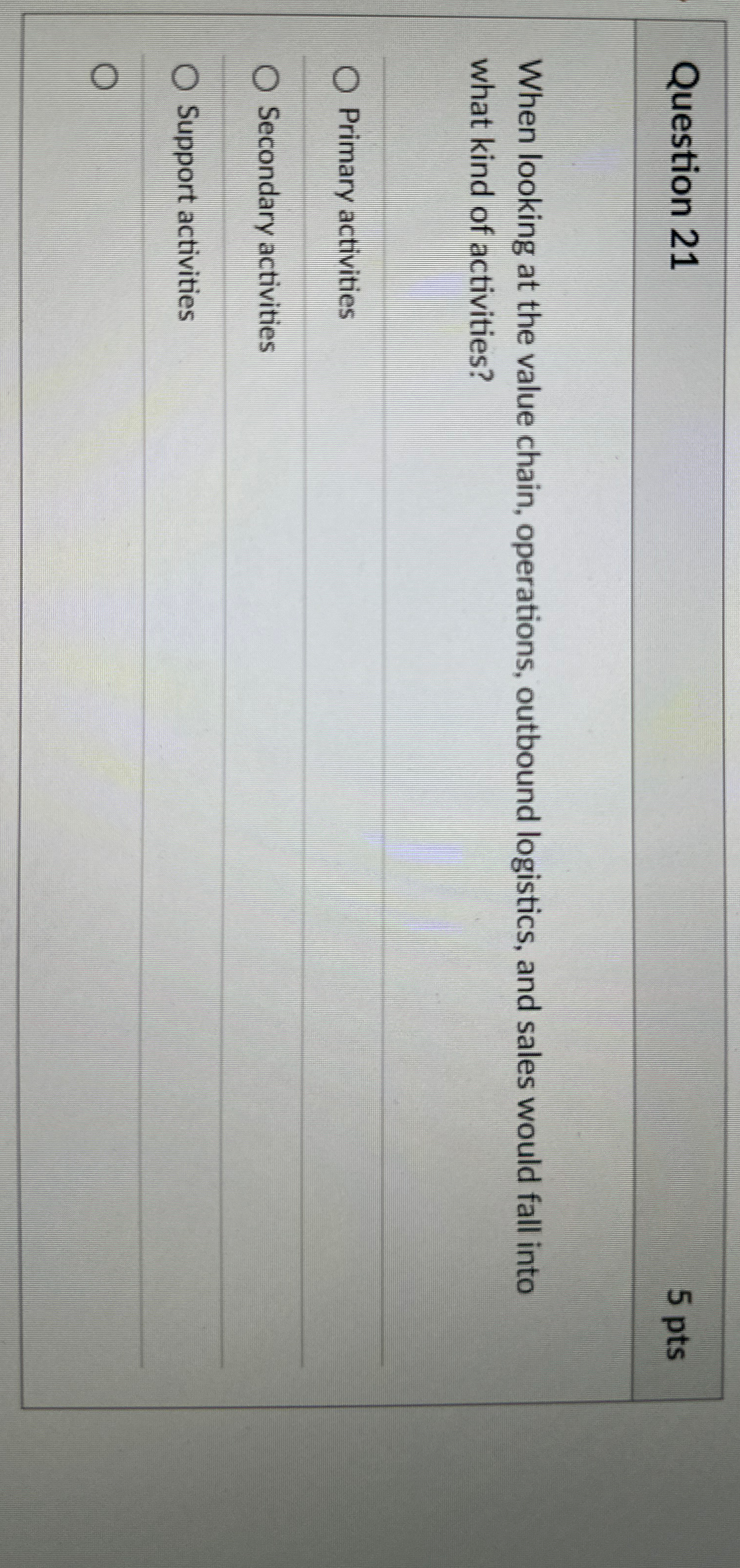  Question 21 5 pts When looking at the value chain, operations,