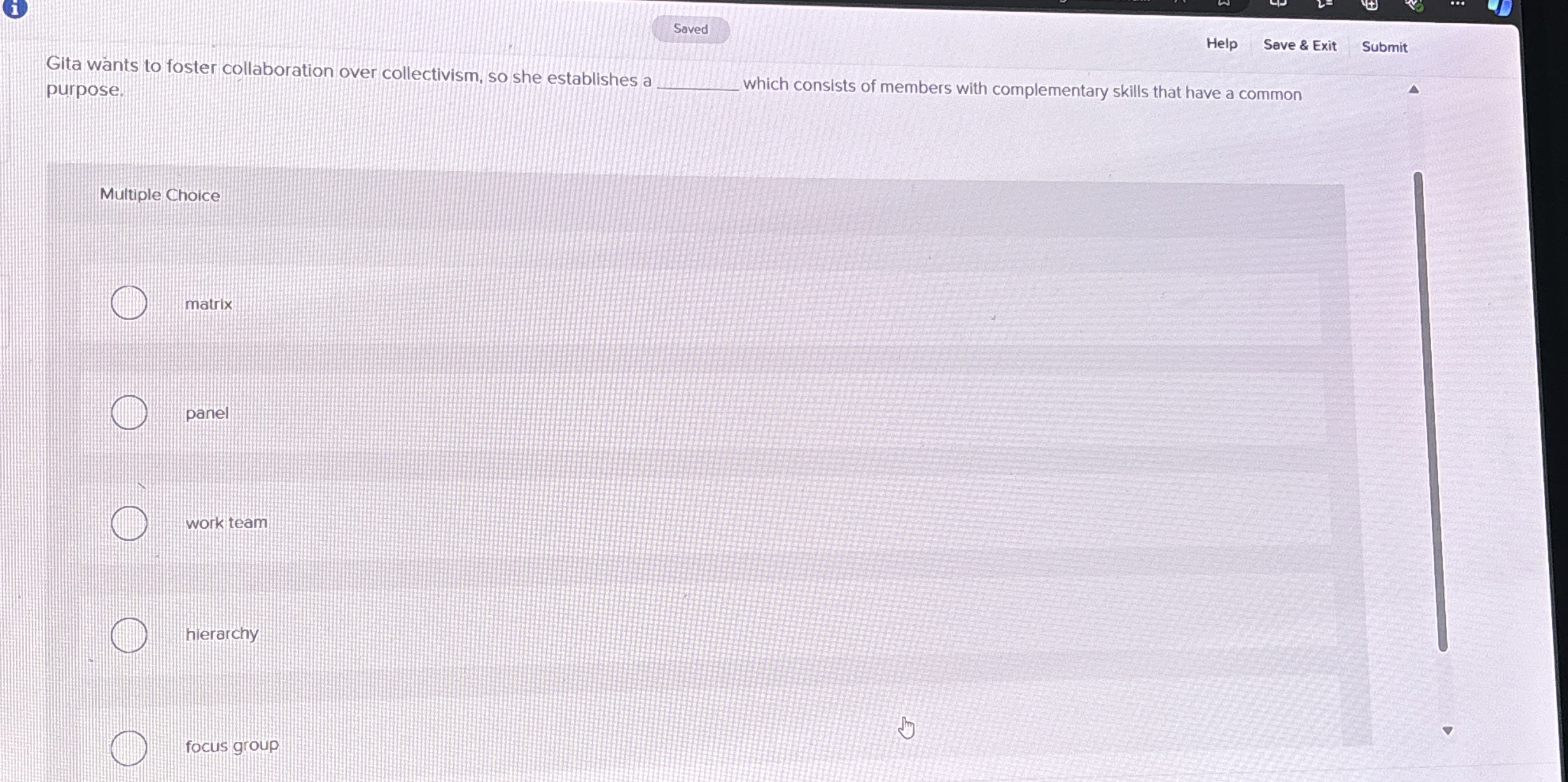  (i) Help Save & Exit Submit Gita wants to foster collaboration