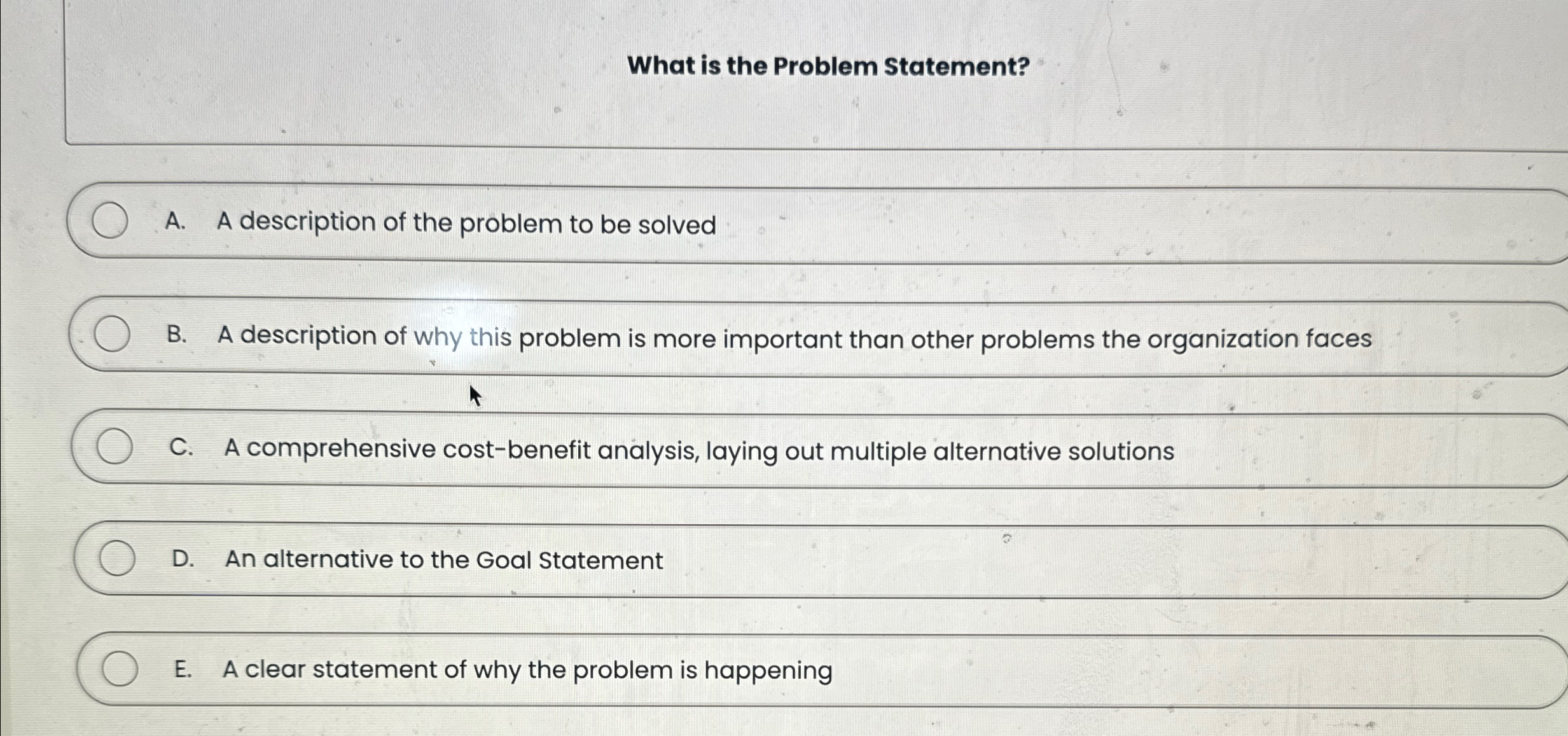  What is the Problem Statement? A. A description of the problem