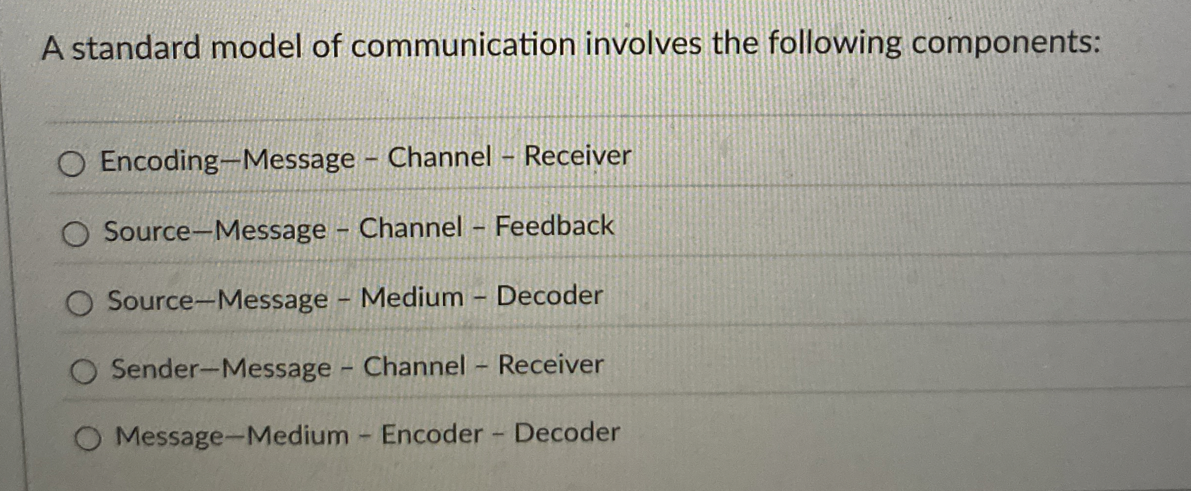  A standard model of communication involves the following components: Encoding-Message -