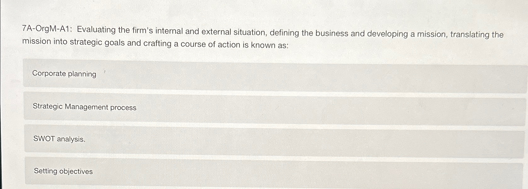  7A-OrgM-A1: Evaluating the firm's internal and external situation, defining the business