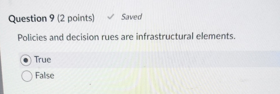  Question 9(2 points) Saved Policies and decision rues are infrastructural elements.