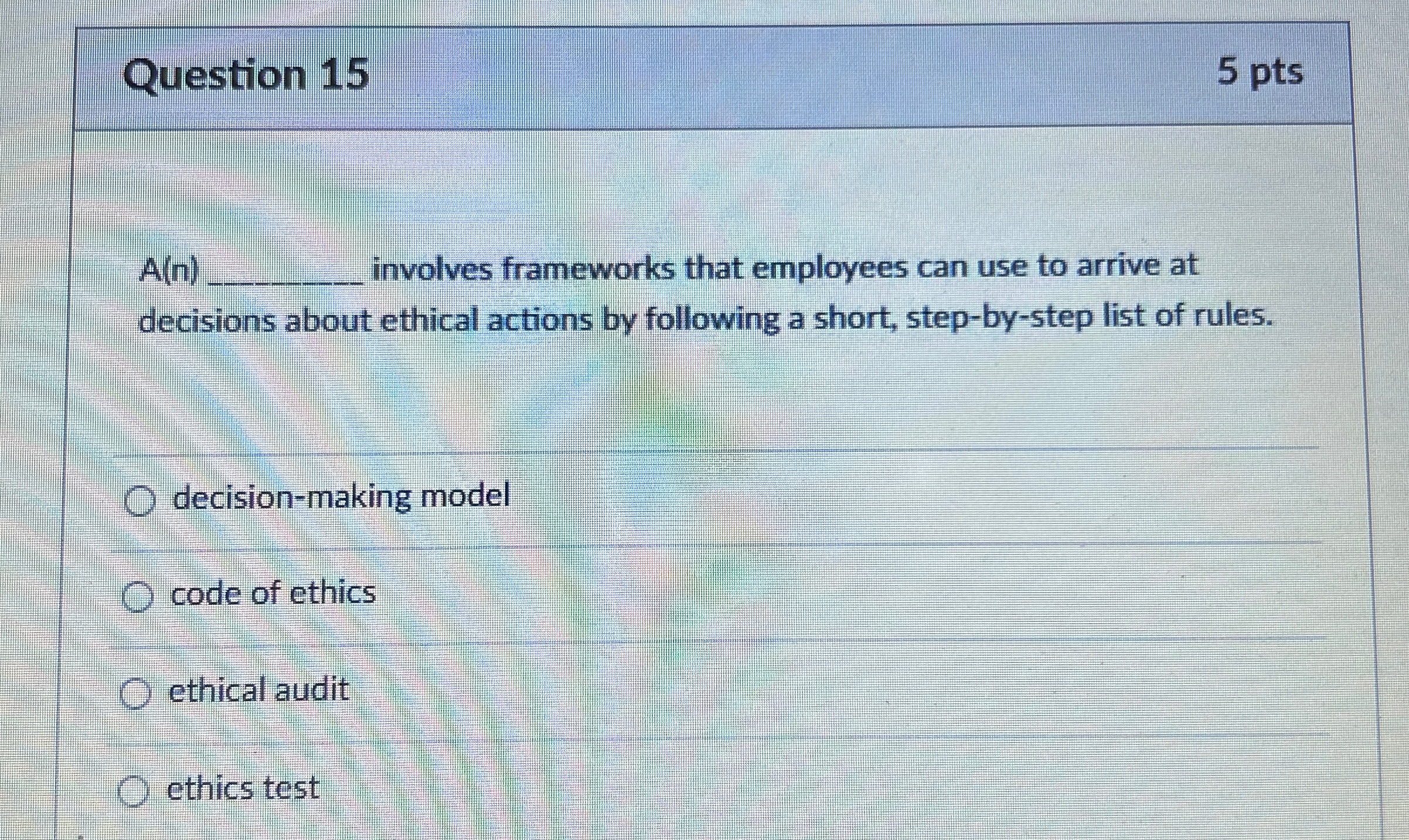  Question 15 5 pts Alt involves frameworks that employees can use