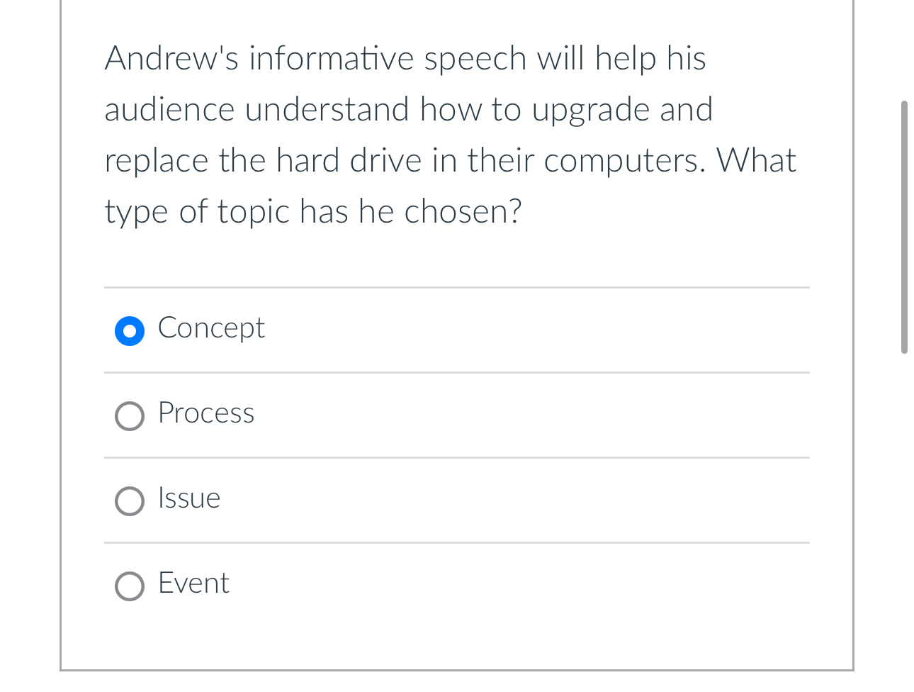  Andrew's informative speech will help his audience understand how to upgrade