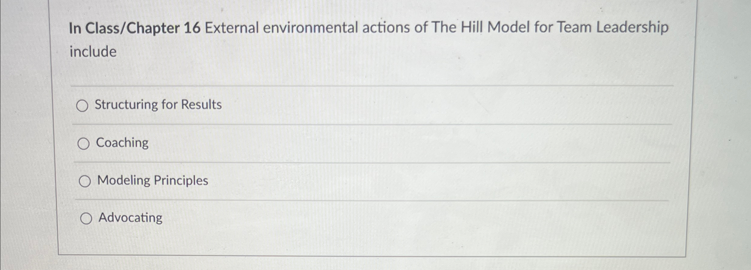  In Class/Chapter 16 External environmental actions of The Hill Model for