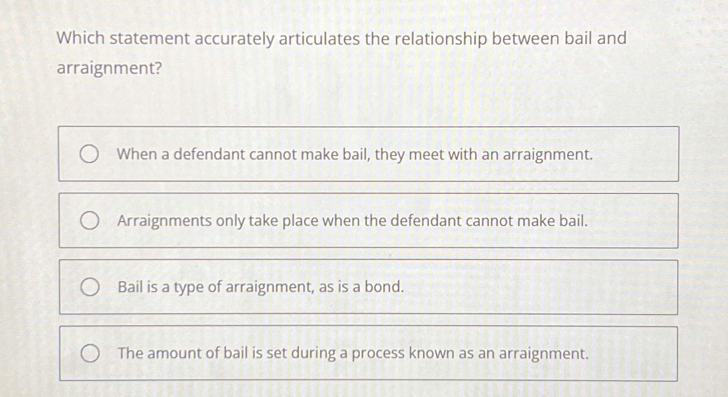  Which statement accurately articulates the relationship between bail and arraignment? When