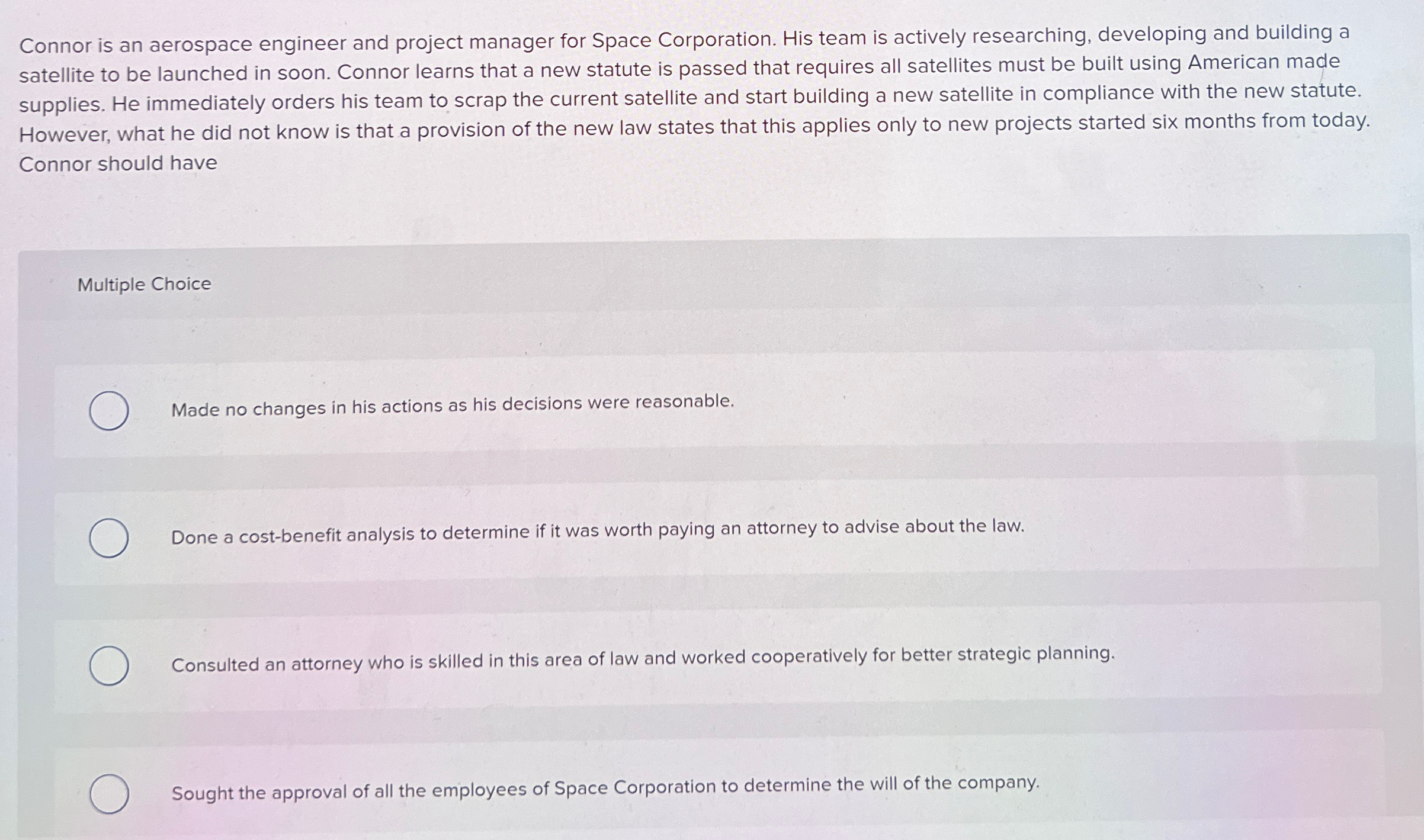  Connor is an aerospace engineer and project manager for Space Corporation.