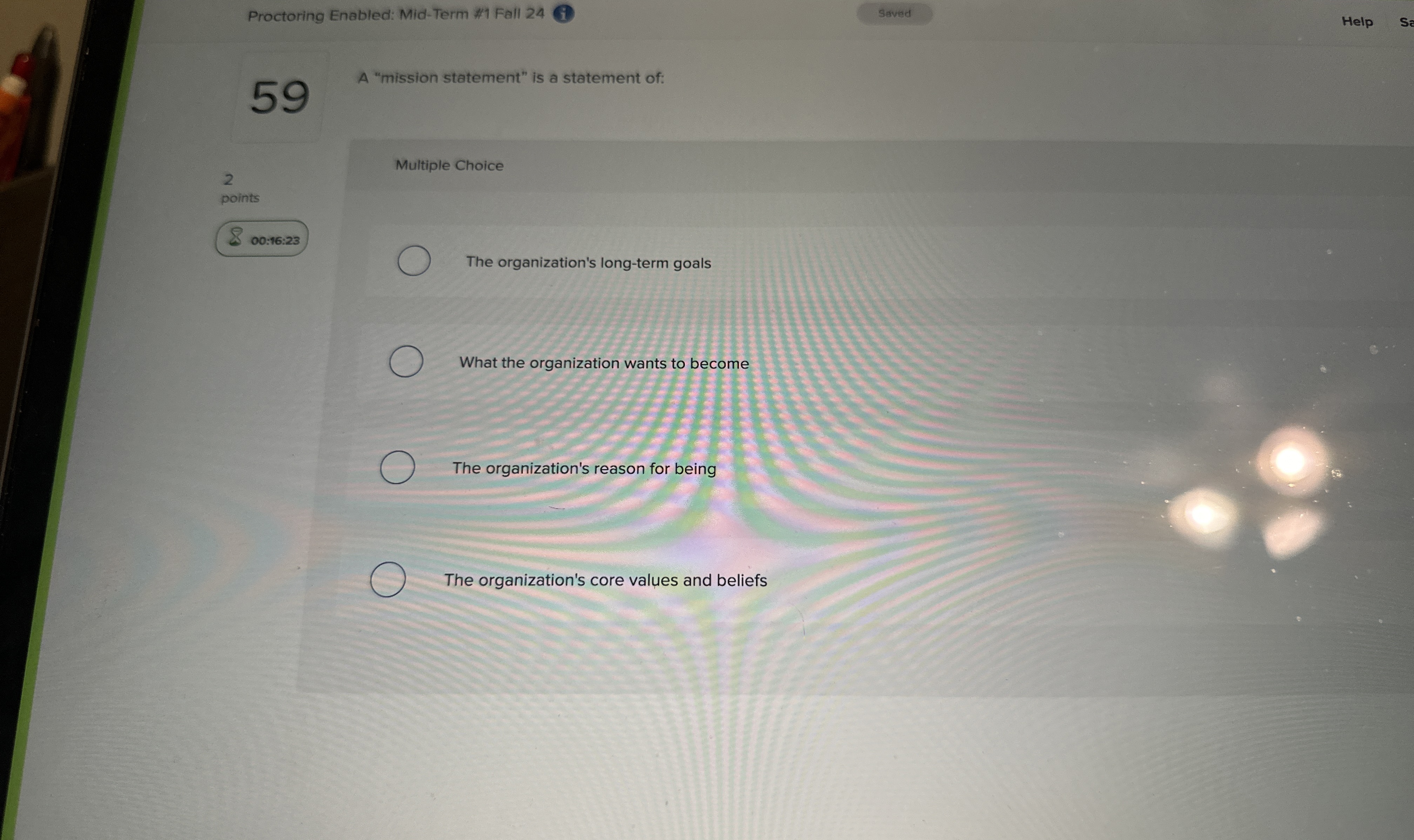  A "mission statement" is a statement of: Multiple Choice The organization's