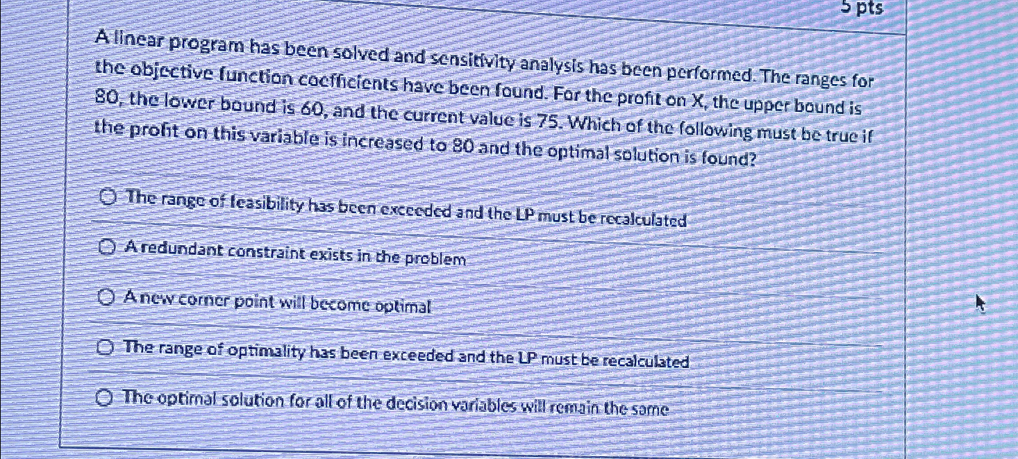  5 pts Alinear program has been solved and sensitivity analysis has