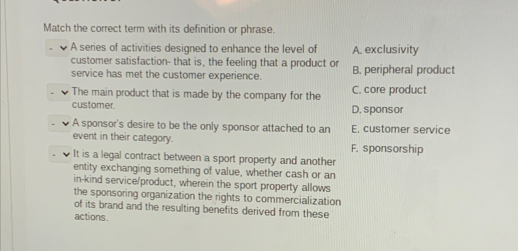  Match the correct term with its definition or phrase. A series