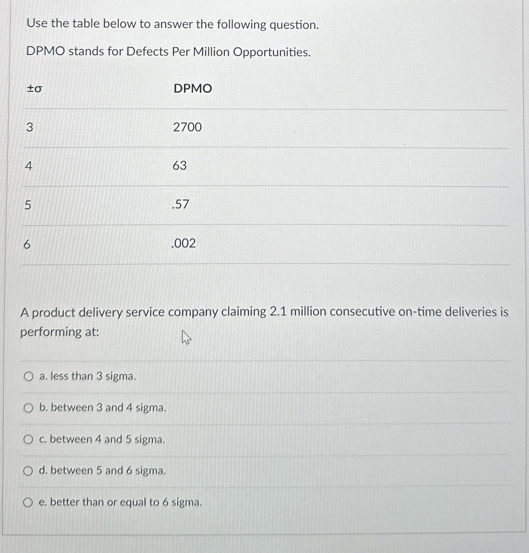 Use the table below to answer the following question. DPMO stands