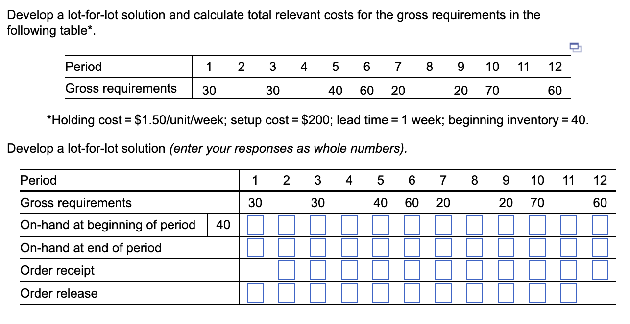  Develop a lot-for-lot solution and calculate total relevant costs for the