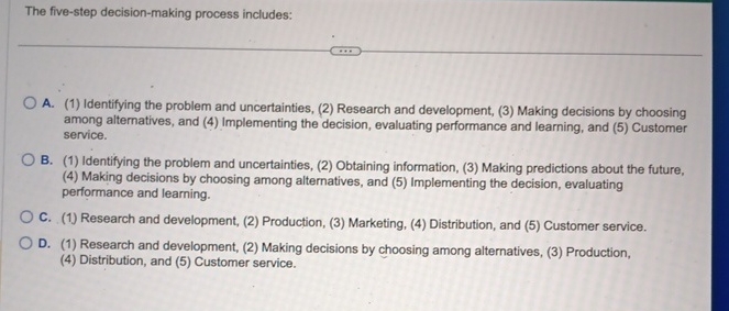  The five-step decision-making process includes: A.(1) Identifying the problem and uncertainties,