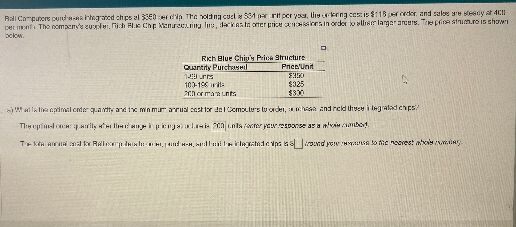  Bell Computers purchases integrated chips at $350 per chip. The holding
