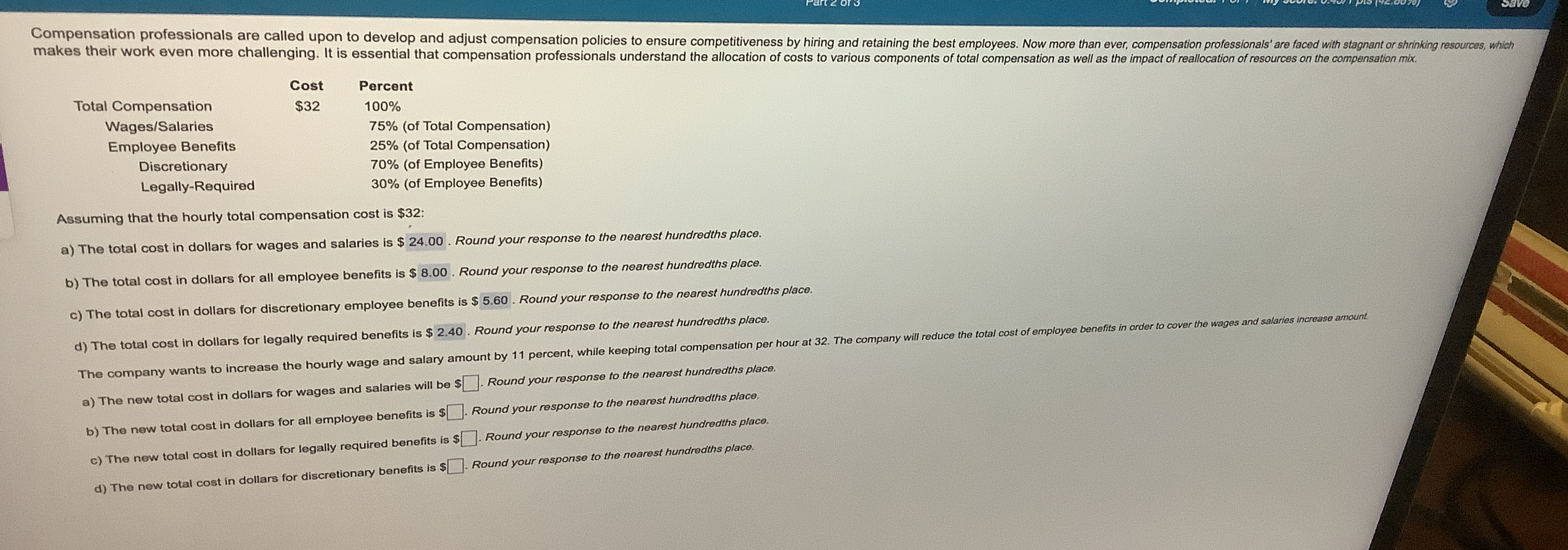  \table[[,Cost,Percent],[Total Compensation,$32,100% 