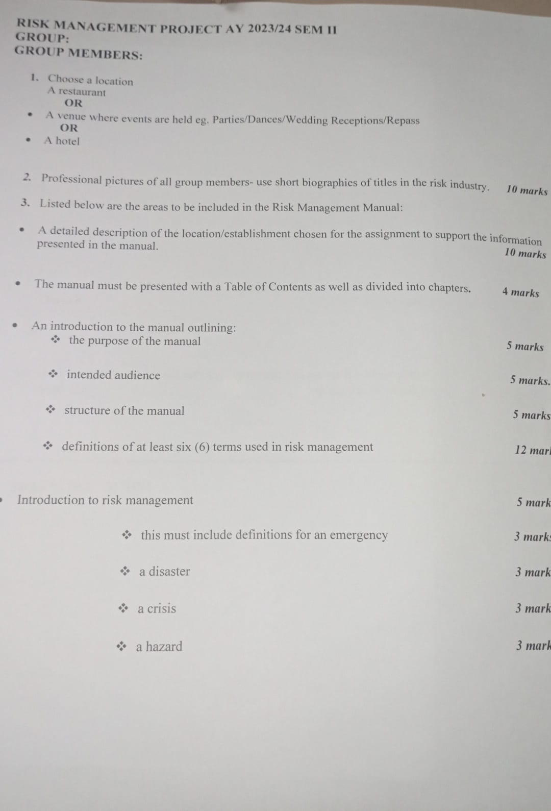  RISK MANAGEMENT PROJECT AY 2023/24 SEM II GROUP: GROUP MEMBERS: Choose