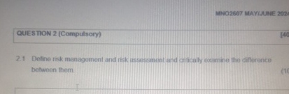  QUESTION 2(Compulsory) 2.1 Detine risk management and risk assessment and ontically