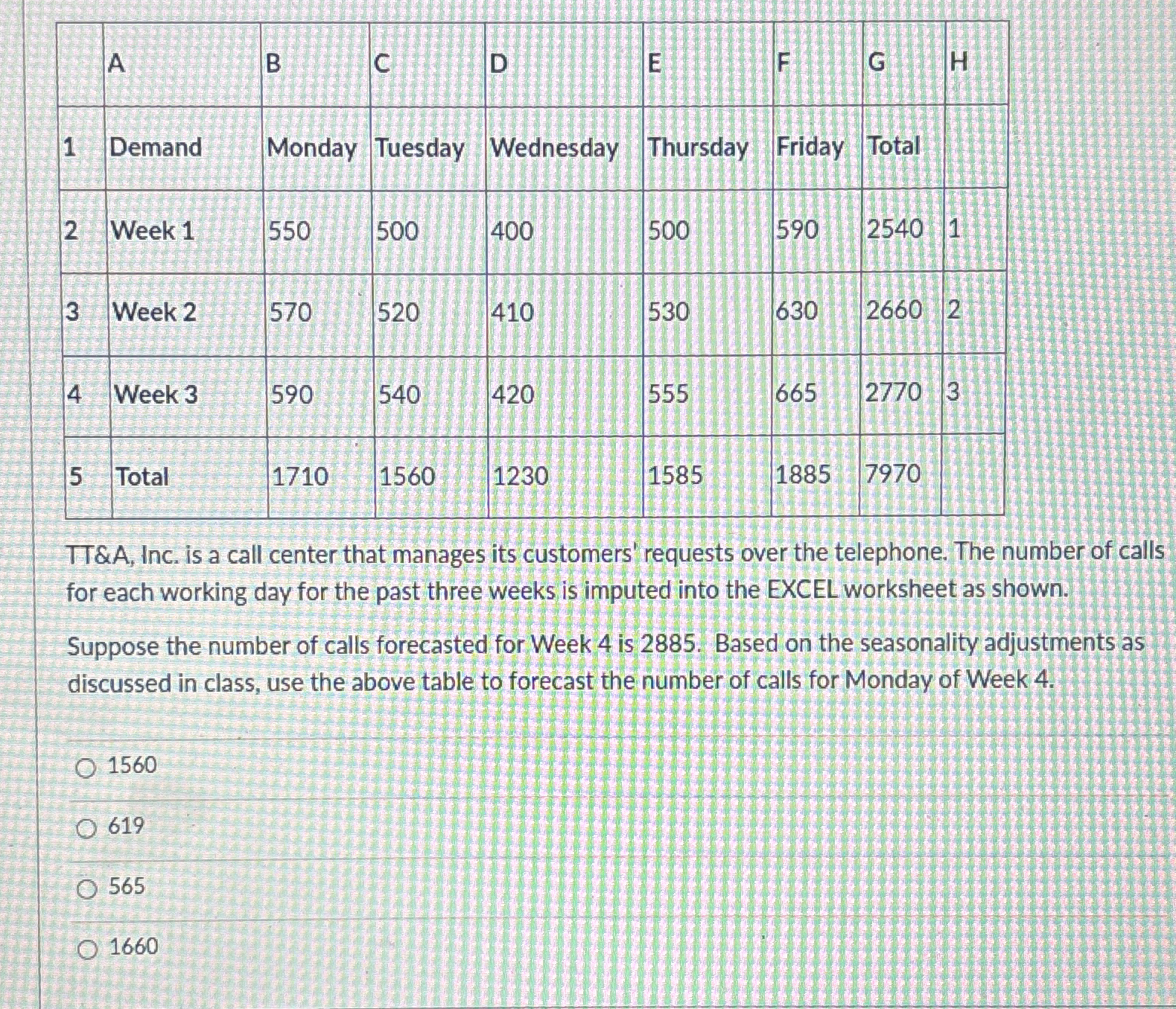  \table[[,A,B,C,D,E,F,G,H],[1,Demand,Monday,Tuesday,Wednesday,Thursday,Friday,Total,I],[2,Week 1,550,500,400,500,590,2540,1],[3,Week 2,570,520,410,530,630,2660,2],[4,Week 3,590,540,420,555,665,2770,3],[5,Total,1710,1560,1230,1585,1885,7970,7]] TT&A, Inc. is a call center that