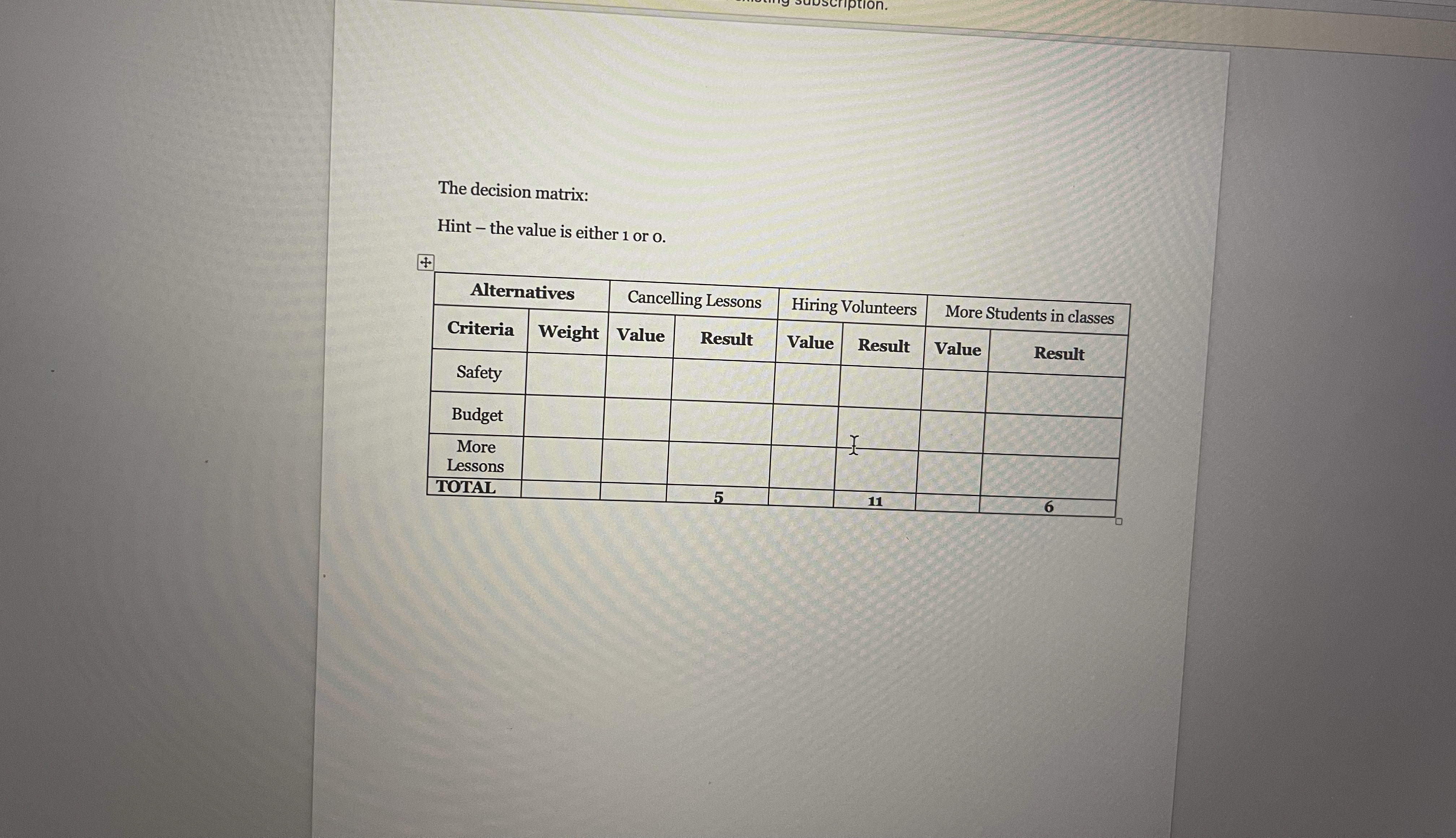  The decision matrix: Hint - the value is either 1 or