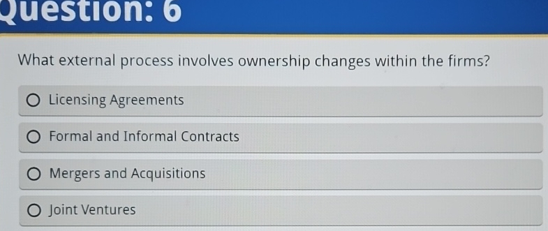  What external process involves ownership changes within the firms? Licensing Agreements