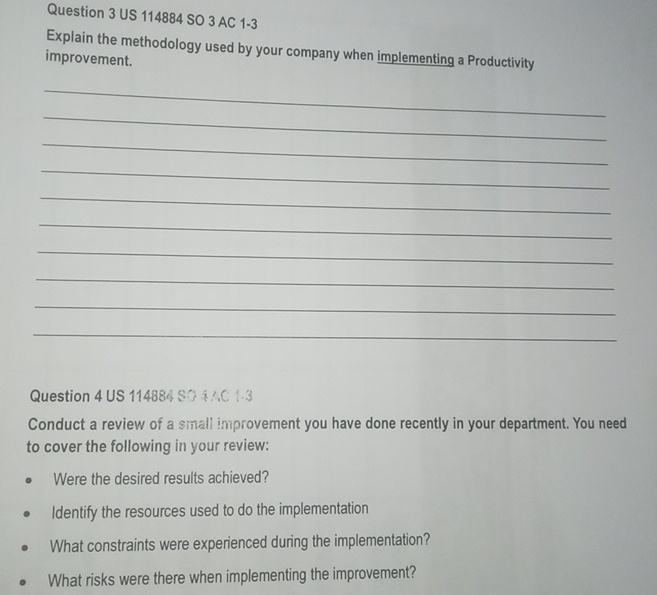  US 114884 Co-ordinate the improvement of productivity within a functional unit