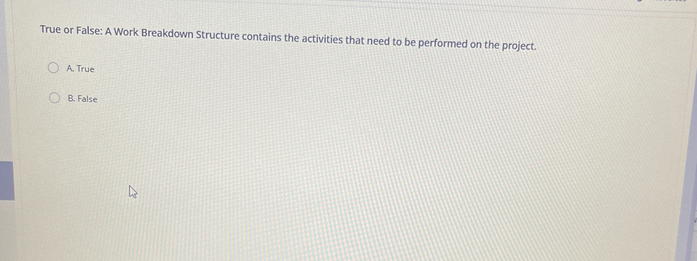  True or False: A Work Breakdown Structure contains the activities that