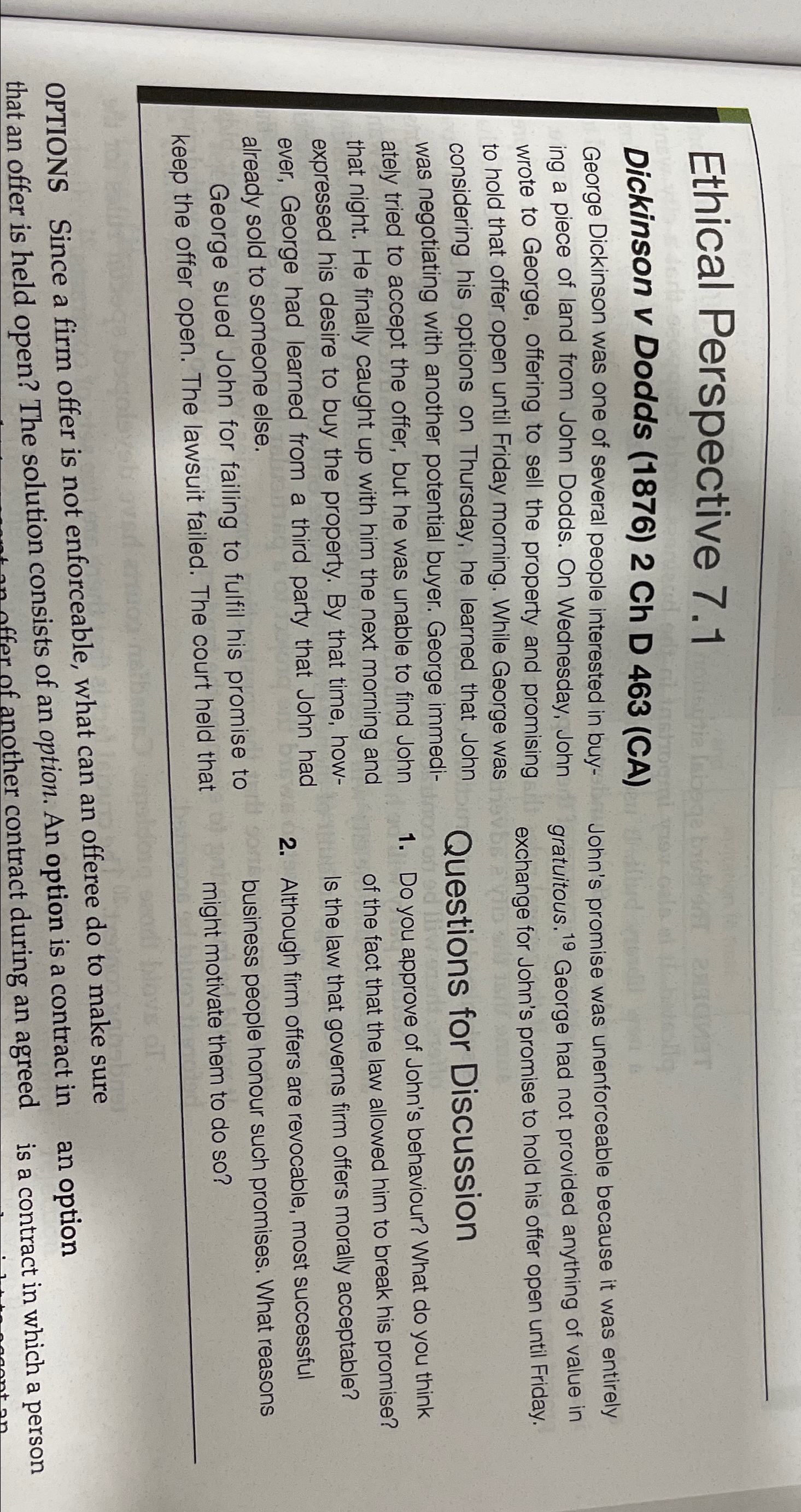  Ethical Perspective 7.1 Dickinson v Dodds (1876)2 Ch D 463(CA) George