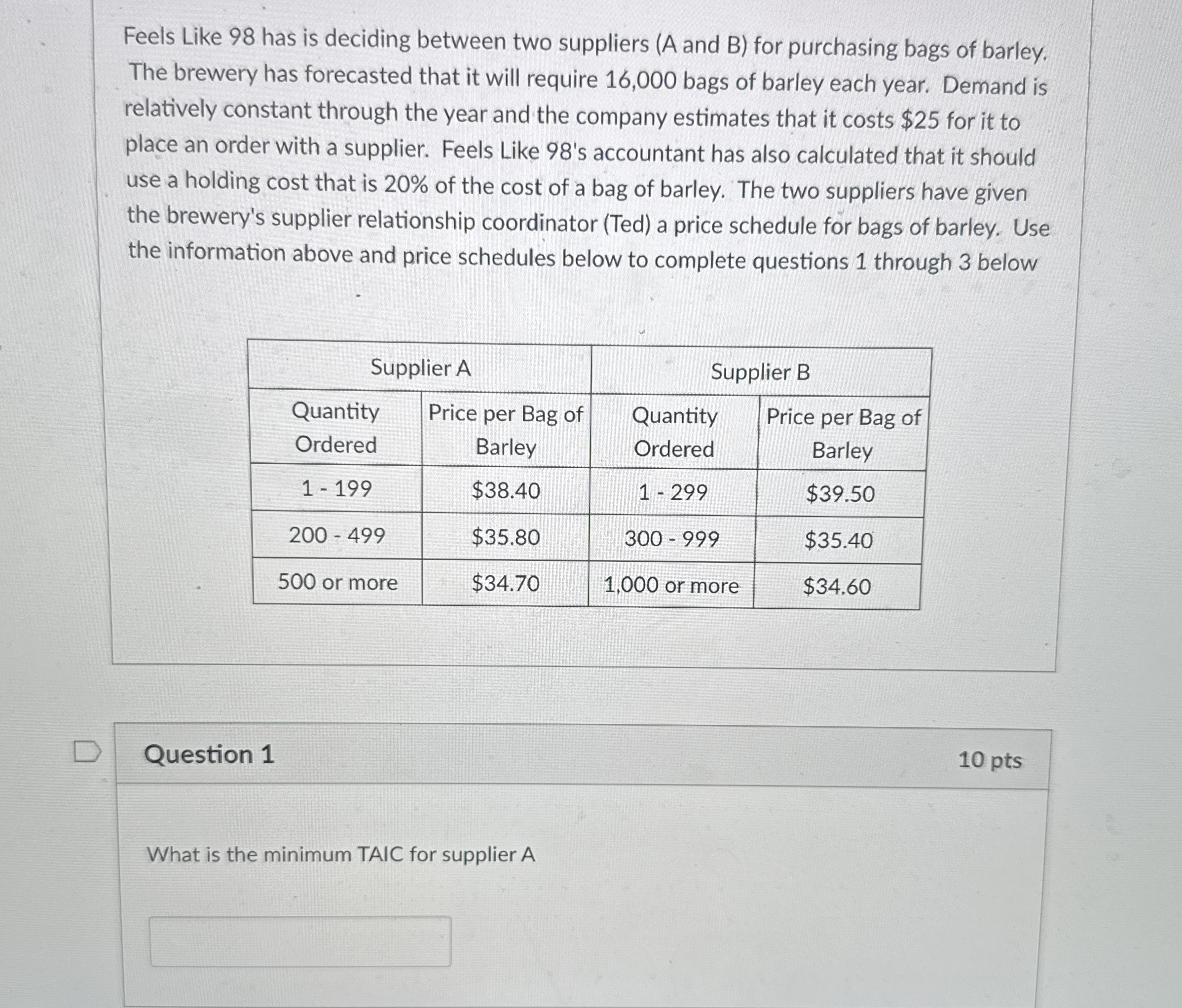  What is the minimum TAIC for supplier A What is the
