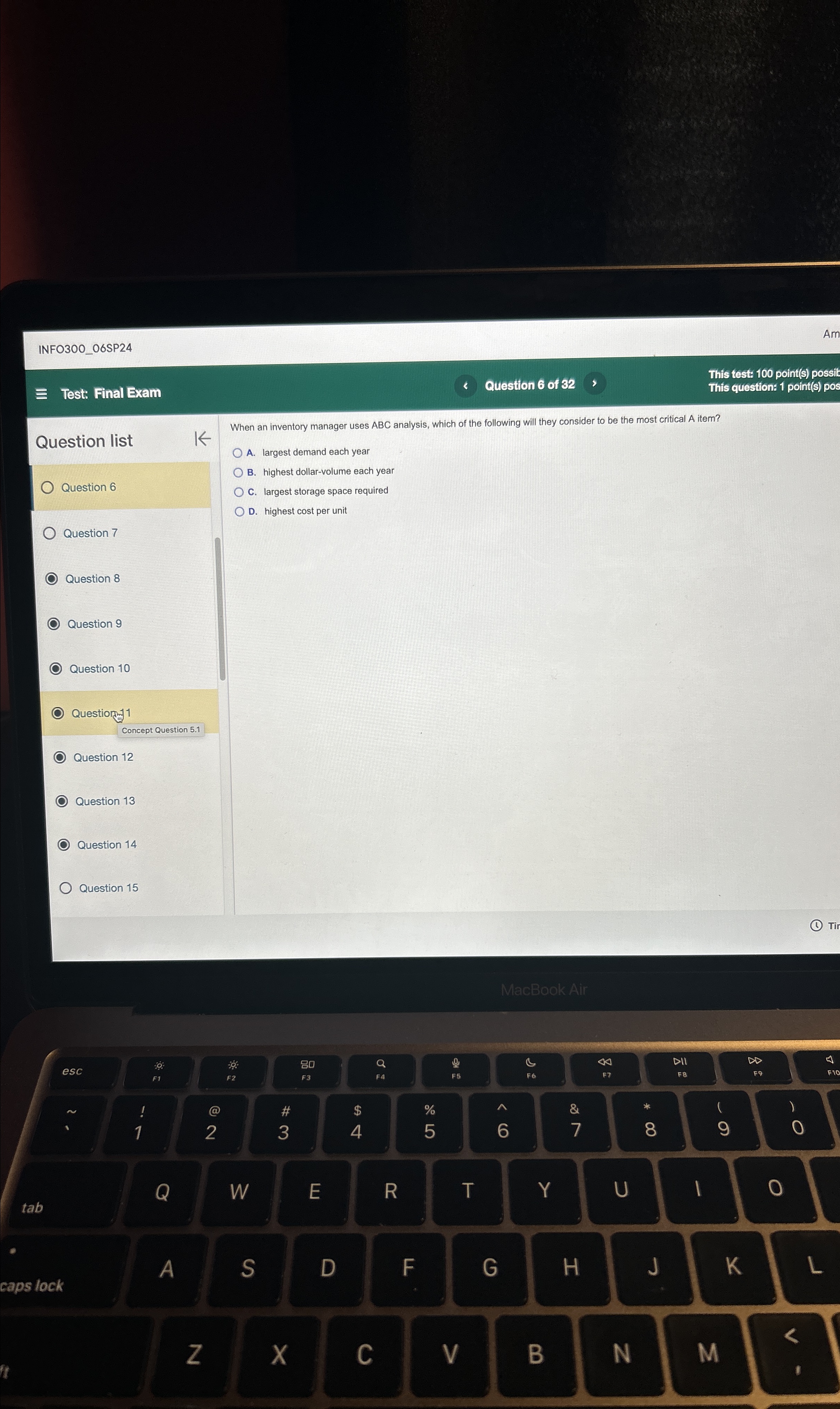  INFO300_06SP24 Am Test: Final Exam This test: 100 point(s) possic This