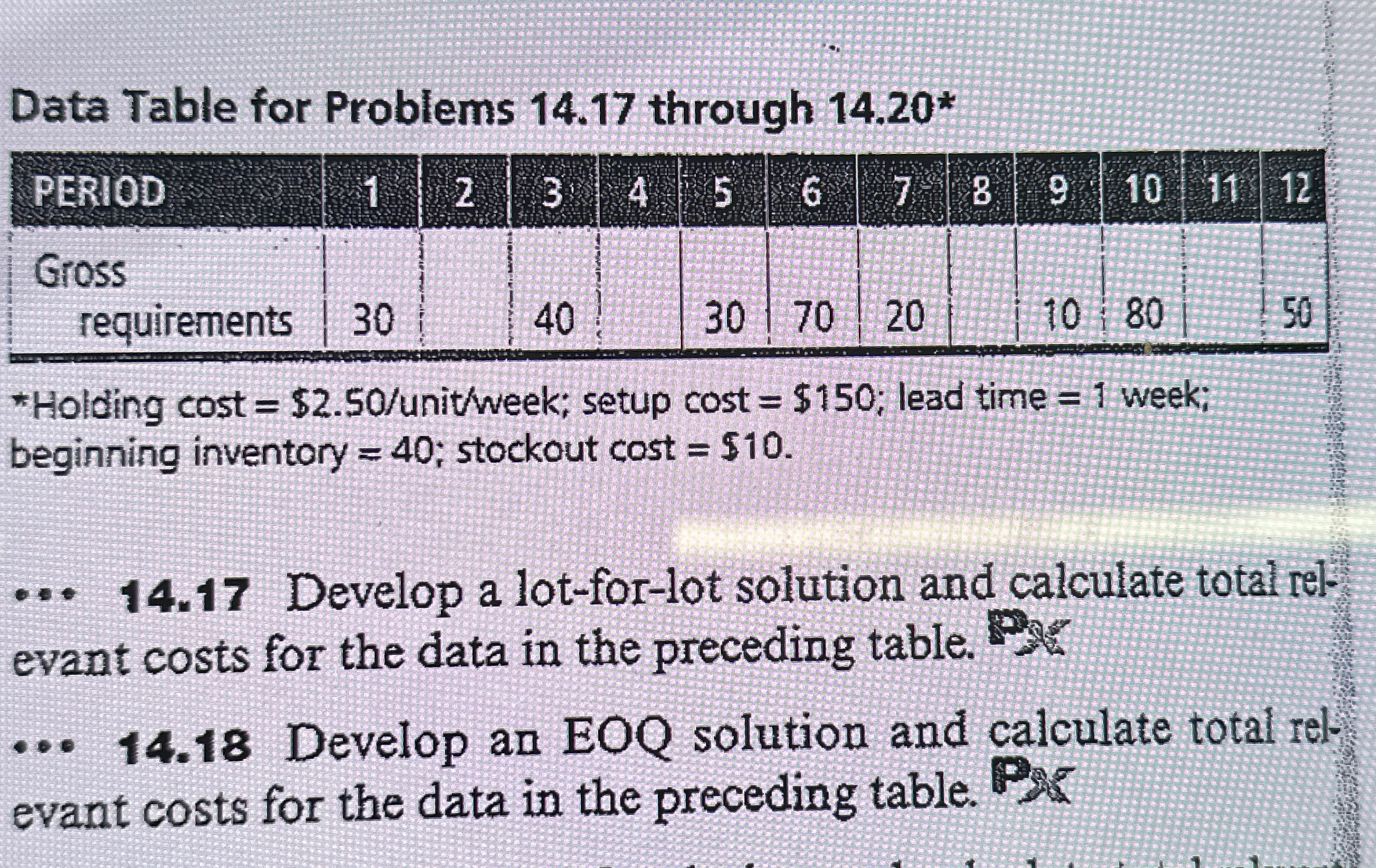  \table[[PERIOD,1,2,3,4,5,6,78,8,9,10,11,12],[\table[[Gross],[requirements]],30,,40,,30,70,20,,10,80,,50]] *Holding cost =$2.50? unit/week; setup cost =$150; lead time =1