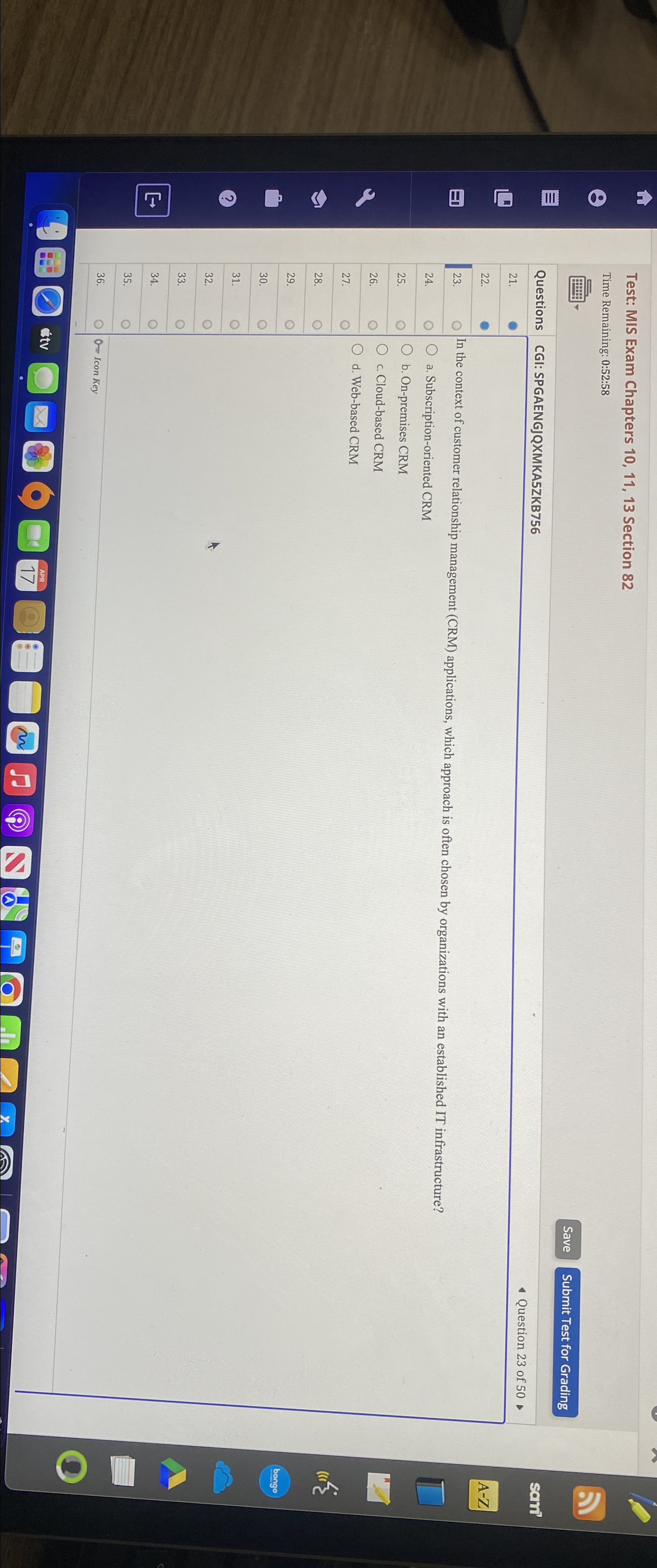  Test: MIS Exam Chapters 10,11,13 Section 82 Time Remaining: 0:52:58 Save