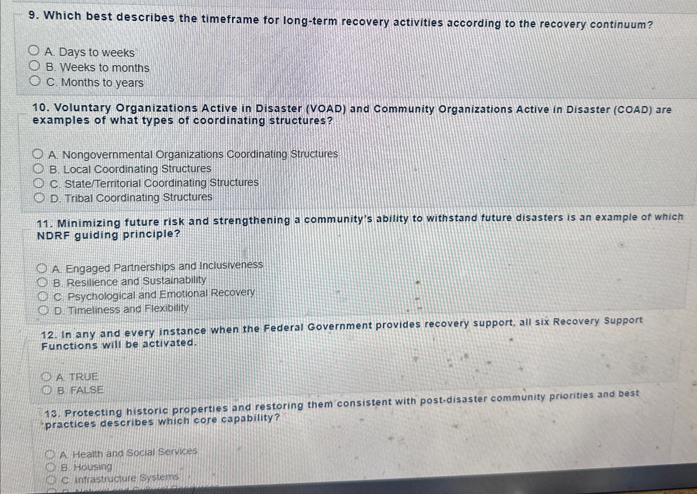  Which best describes the timeframe for long-term recovery activities according to