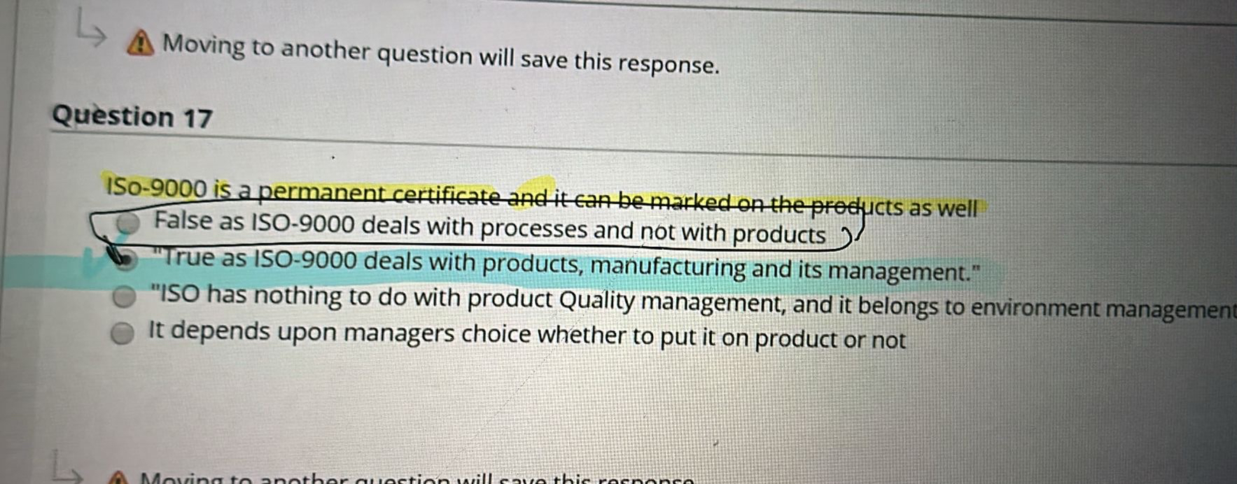  Moving to another question will save this response. Question 17 ISo-9000