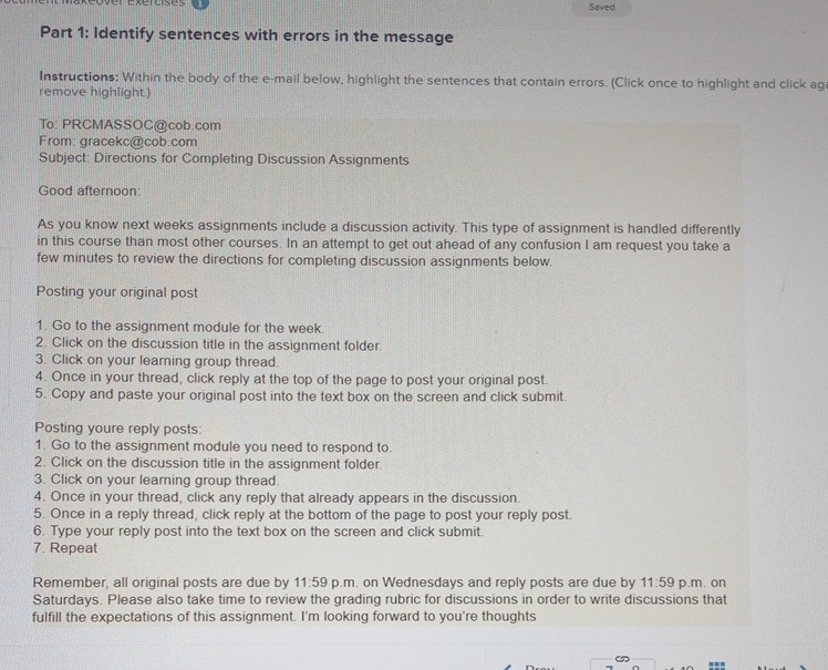  Saved Part 1: Identify sentences with errors in the message Instructions: